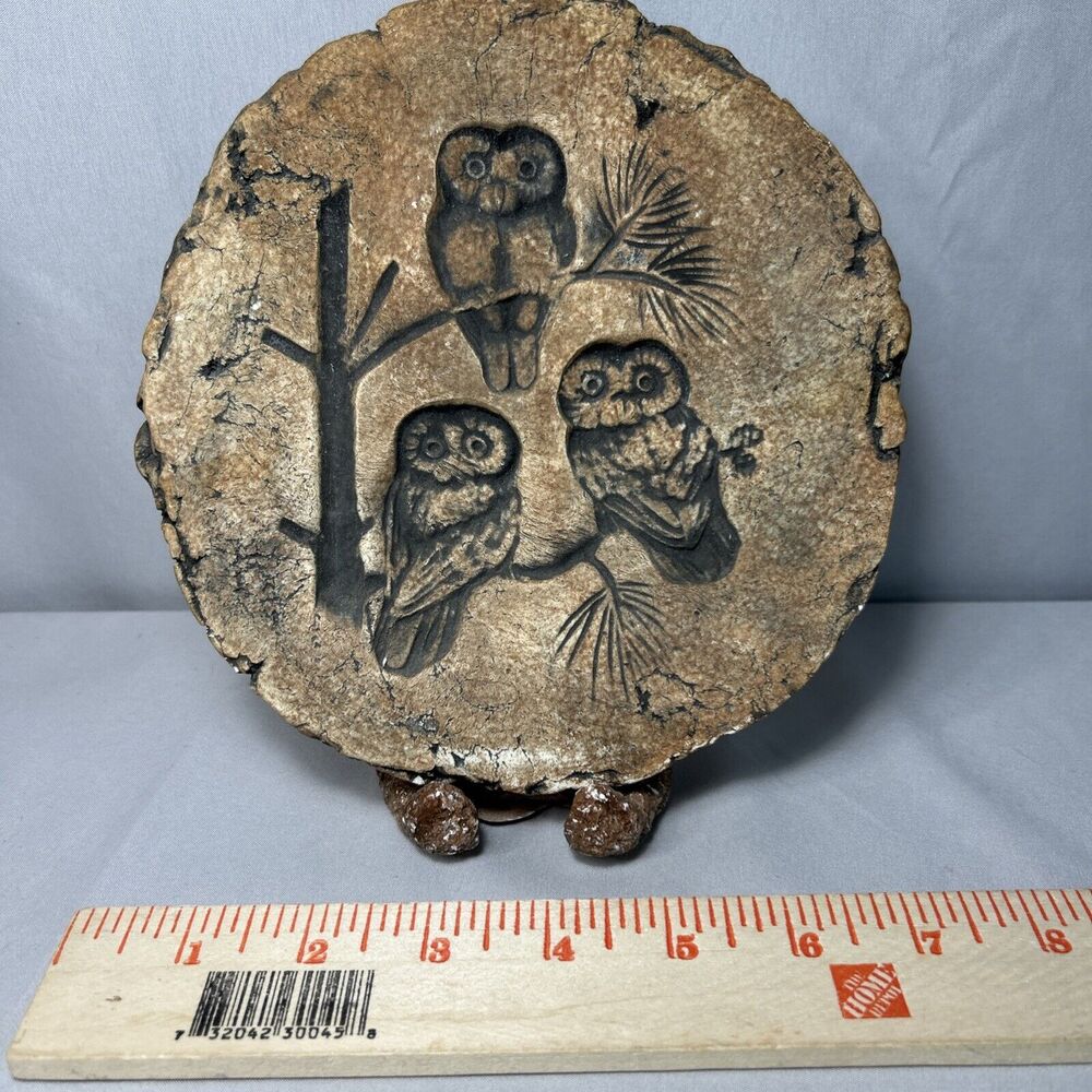 Stan Langtwait Shapes of Clay Mt St Helens Owls Plaque & Stand Cabincore Nature